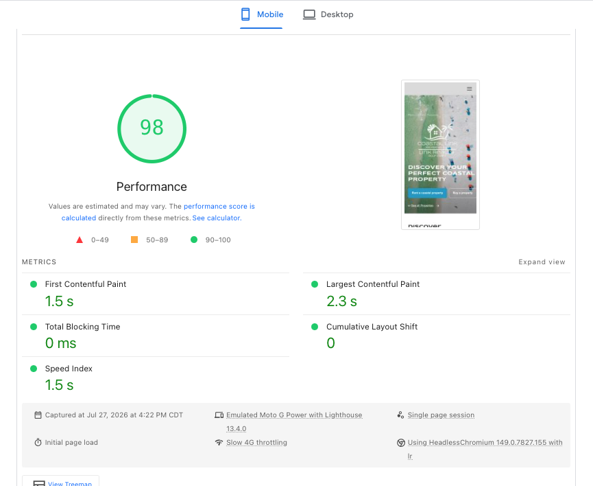Google PageSpeed Insights score of 98 out of 100 for the Coastal Link Properties site, with all Core Web Vitals passing